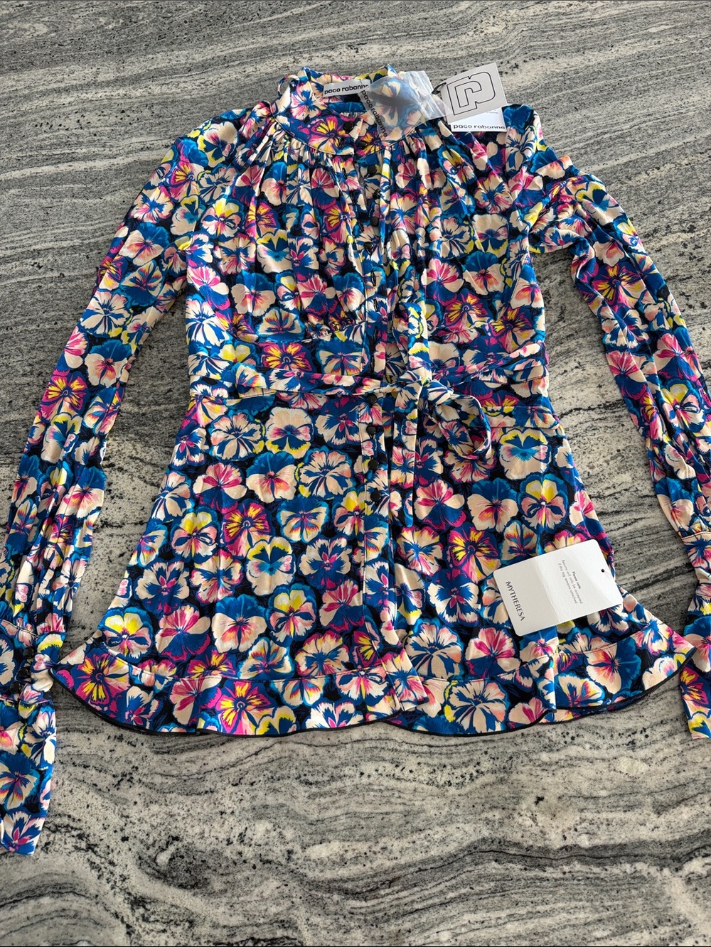 Paco Rabanne Blue Floral Tie-Waist Long Sleeve Blouse